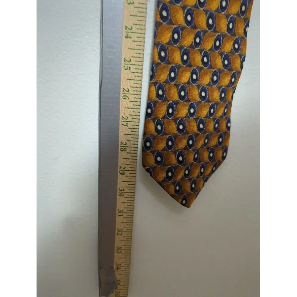 JZ‎ Richards Mens Silk Tie Gold Navy Blue Geometric Circles Hand Crafted USA